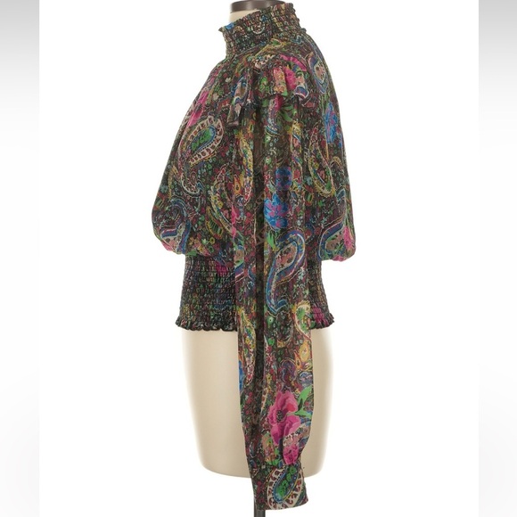 Lavender Brown Paisley & Floral Smocked Blouse with Mandarin Collar Size Large L - Picture 7 of 8